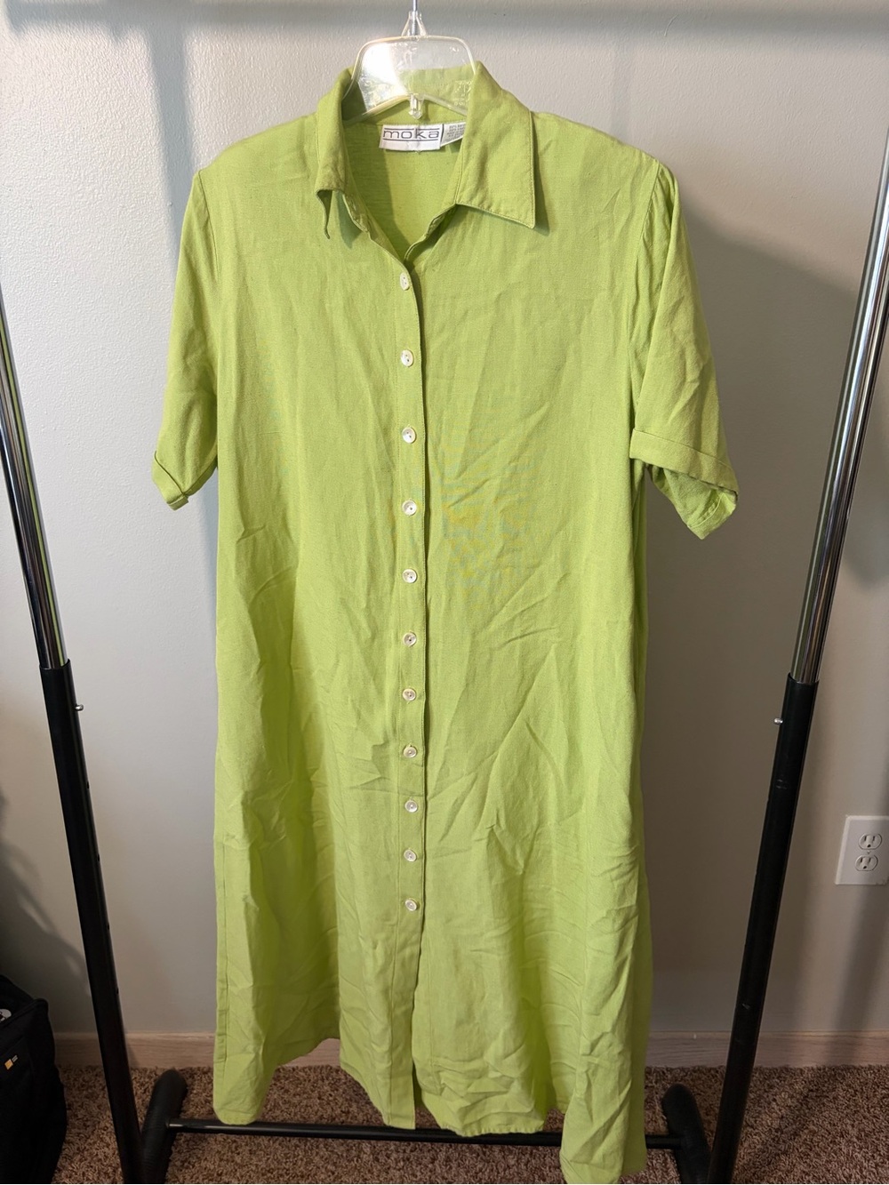 Vintage Moka Lime Green Button-Front Linen Blend Dress
